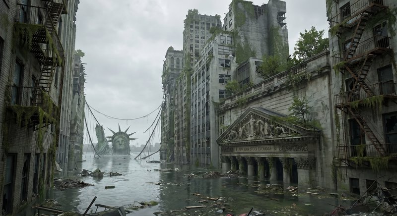 Post-apocalyptic flooded city with ruined skyscrapers and a distant Statue of Liberty head emerging from the water.