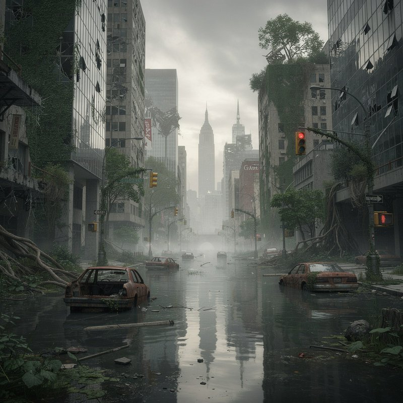 Desolate flooded city street with abandoned cars, vine-covered buildings, and a misty, ruined skyline.