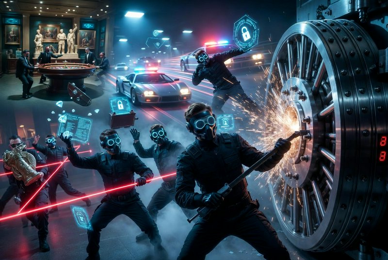 Masked gunmen in a high-tech heist breach a giant vault with lasers and sparks in a neon-lit security room.
