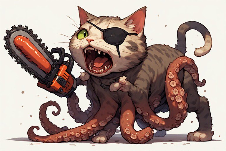 Cartoon cat with an eyepatch wielding a chainsaw and octopus tentacles in a dynamic pose.