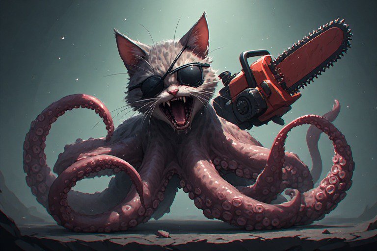Cartoon cat wearing sunglasses (and eyepatch) grips a red chainsaw amid twisting purple octopus tentacles.