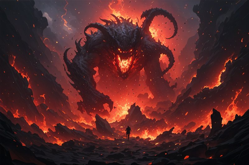 A colossal fiery demon looms over a lava-filled cavern as a lone adventurer stands before it.