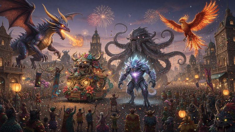 Epic fantasy parade with dragons, a giant tentacled monster, and a phoenix above a festive city square.