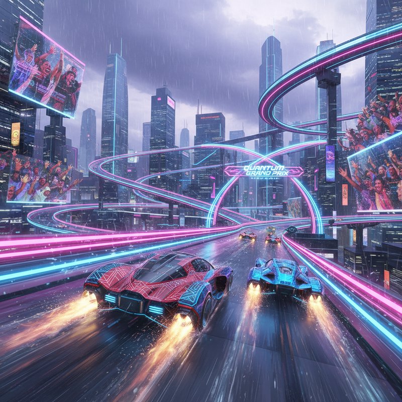 Futuristic neon-lit city race with sleek cars on a rain-soaked, looping track.