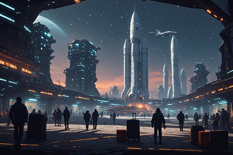 Futuristic spaceport with towering rockets, illuminatedWalkways, and travelers with luggage at dusk.