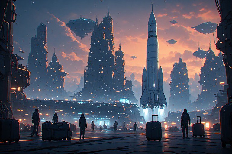Futuristic city plaza at dusk with a tall rocket lifting off amid towering skyscrapers and travelers with luggage.