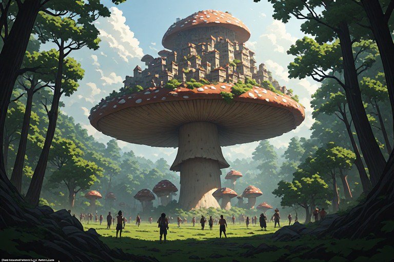 Giant mushroom-shaped hill with a village on its cap in a sunlit forest, travelers gathered around.