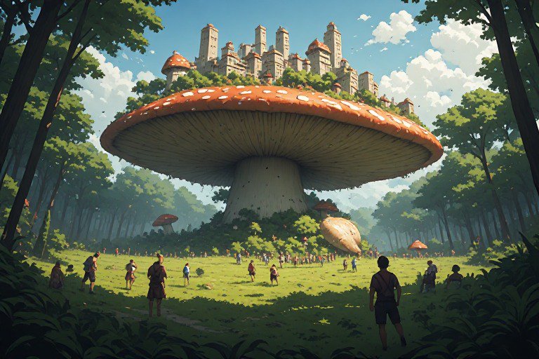 Enormous red-capped mushroom with a castle atop, in a sunlit forest clearing.