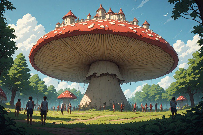 Gigantic red-capped mushroom with a fairy-tale castle on top in a sunlit forest.