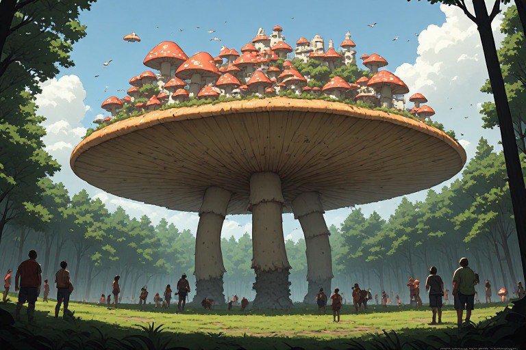 Giant mushroom-shaped tower with red-capped houses perched on top in a sunlit forest.