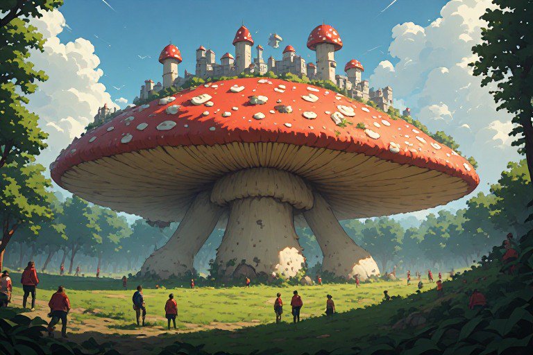 A colossal red-capped mushroom with a stone castle on top rises in a sunlit forest clearing.