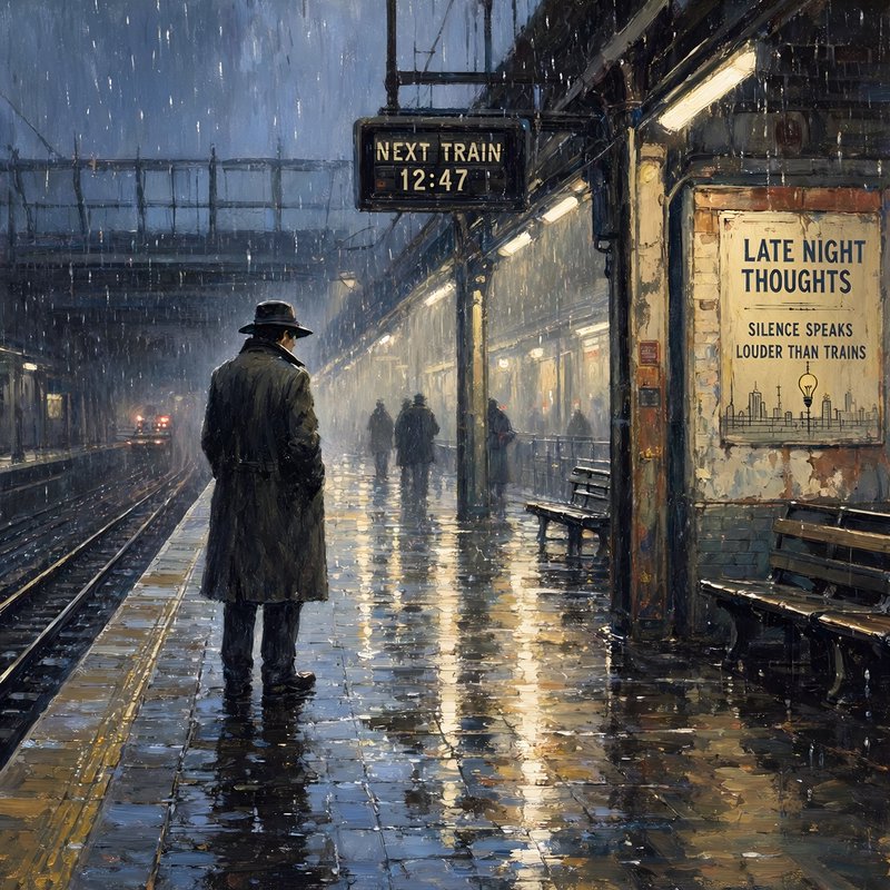 A rainy urban train station platform with a man in a trench coat waiting.