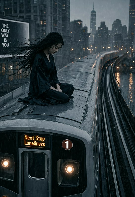 Woman in dark clothing sits on a rain-soaked subway roof beside a city skyline.