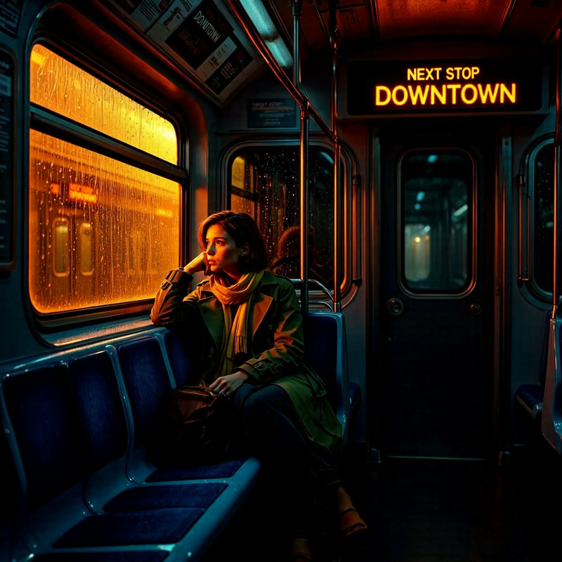 Woman sitting alone in a subway car at night with orange city lights outside.
