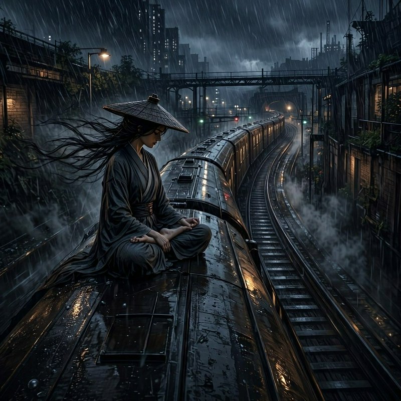 Woman in a kimono sits meditatively on a rain-soaked train at night in an urban storm.