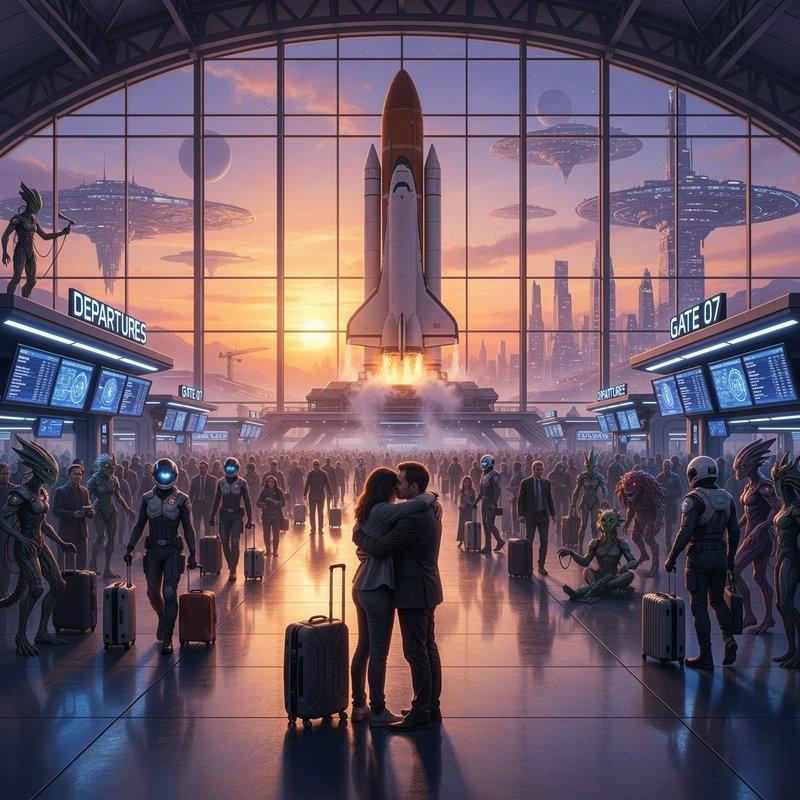 Lovers embrace at a futuristic spaceport as a rocket launches, with travelers and aliens around.