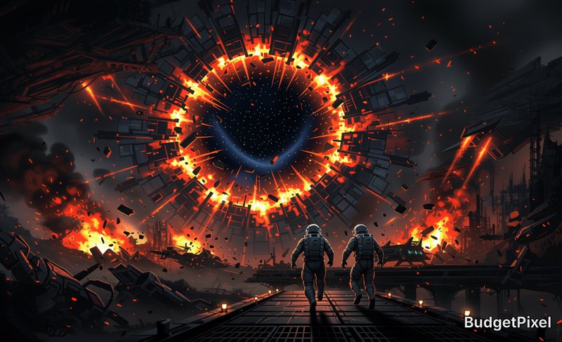 Two astronauts stand on a platform as a fiery circular portal engulfs a ruined cityscape.