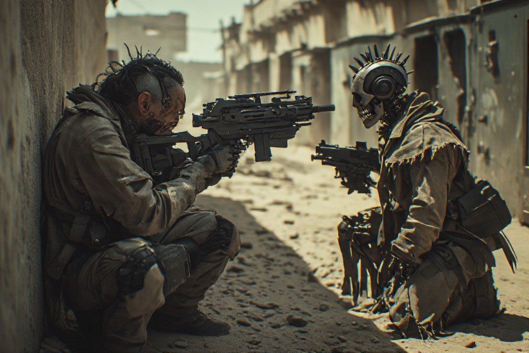Tense post-apocalyptic standoff: a human raider and spiked skull cyborg aim rifles at each other across a dusty ruined