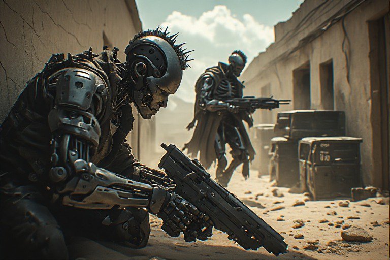 Spiked combat androids with rifles take cover in a dusty, debris-strewn ruined desert alley, tense post-apocalyptic