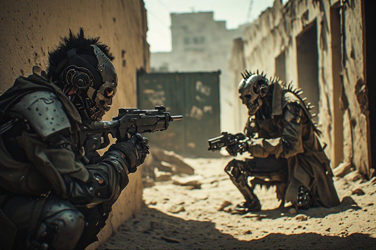 Armored cyber warrior and spiked skeleton robot aim guns at each other in a tense ruined desert alley standoff