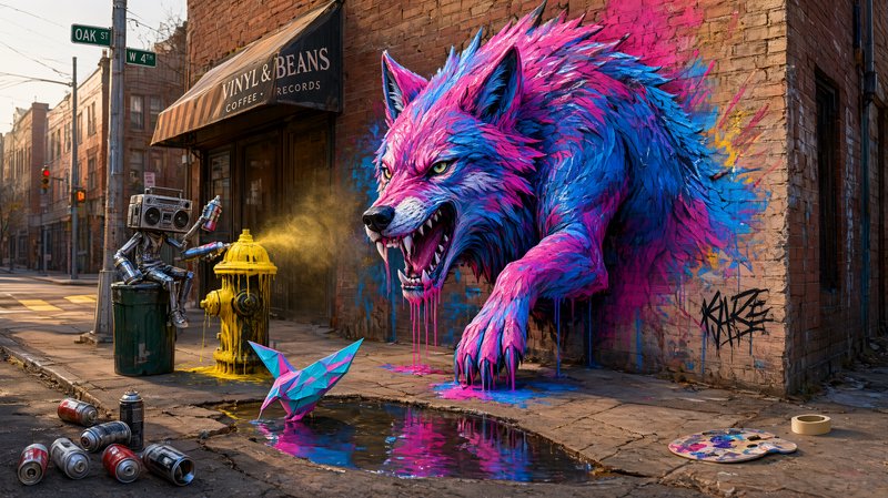 Surreal 3D street art mural of a bright pink and blue wolf emerging from a brick wall next to a robotic graffiti artist