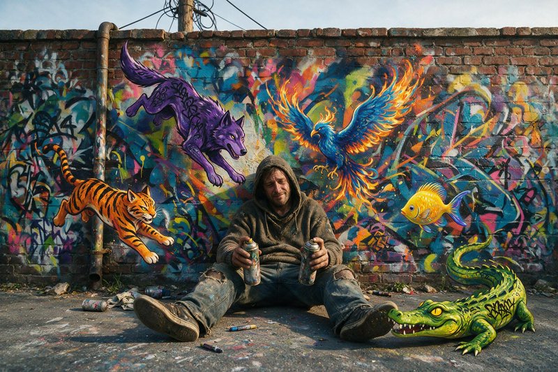 Street artist sits holding spray cans as fantastical graffiti creatures appear to leap off the brick mural behind him.