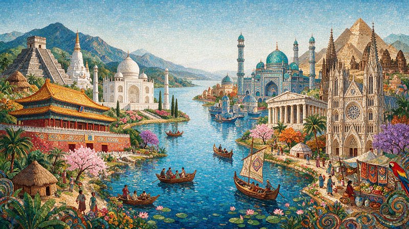 Vibrant mosaic fantasy illustration of diverse global landmark buildings lining a wide blue river...