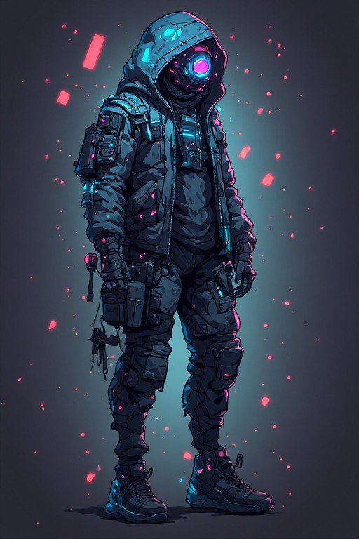 Standing cyberpunk hooded operative with glowing neon visor, heavy tactical gear, and pink and cy...