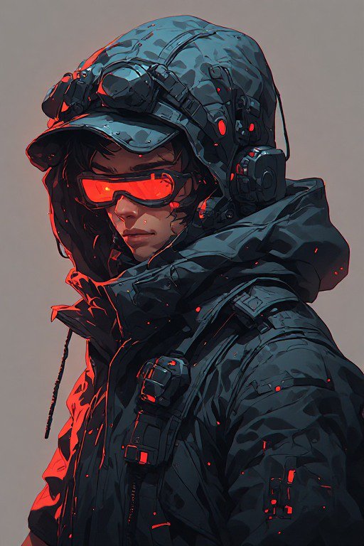 Stylized cyberpunk tactical character portrait with glowing red goggles and dark camouflage winte...