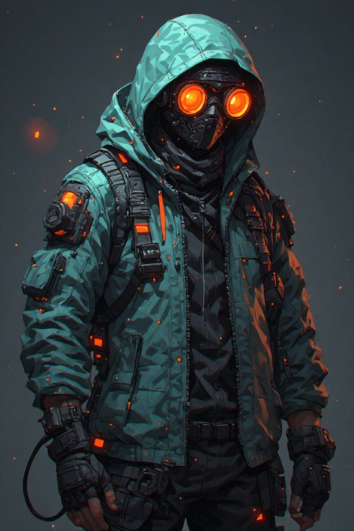Futuristic cyberpunk tactical operative in teal hooded camo jacket with glowing orange goggles, d...