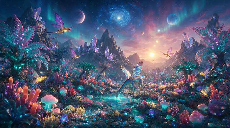 Vibrant alien fantasy landscape with bioluminescent plants, crystal mountains, winged mythic crea...