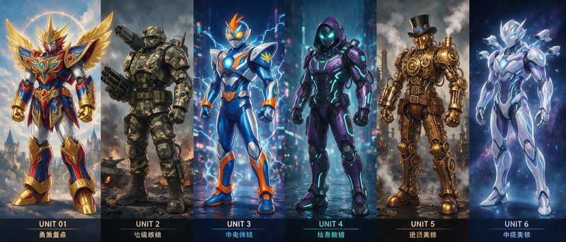 Horizontal lineup of 6 unique themed armored sci-fi fantasy hero units, each with distinct design...