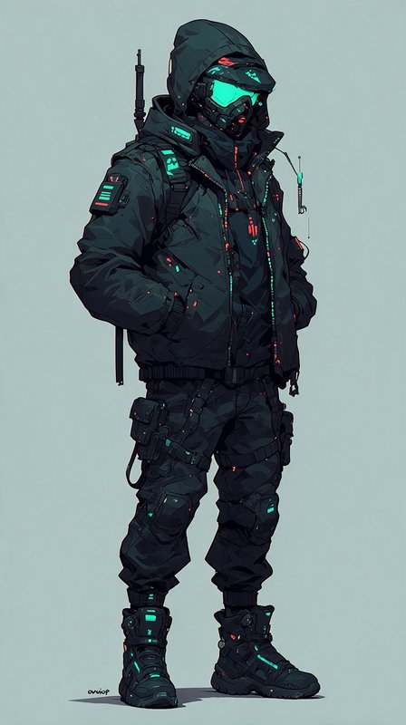 Futuristic cyberpunk tactical soldier in black hooded techwear with glowing teal visor, standing ...
