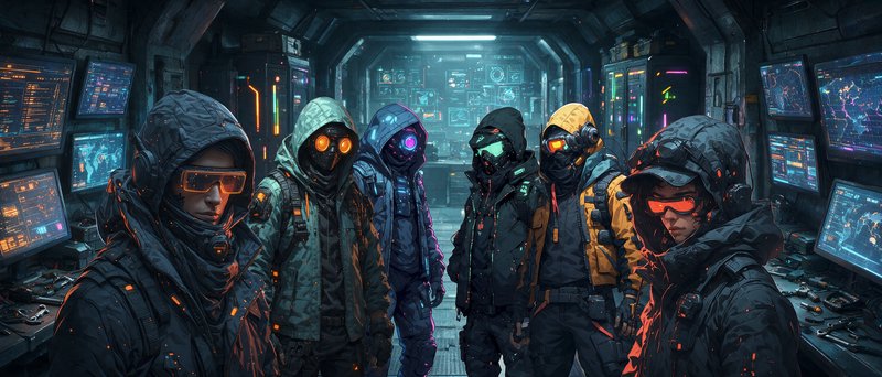 Six hooded cyberpunk tactical operatives stand inside a neon-lit futuristic spaceship command cor...