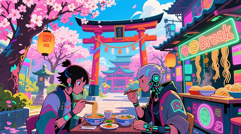 Anime cyberpunk duo eating ramen at a neon street stall beside cherry blossom trees and a Japanes...