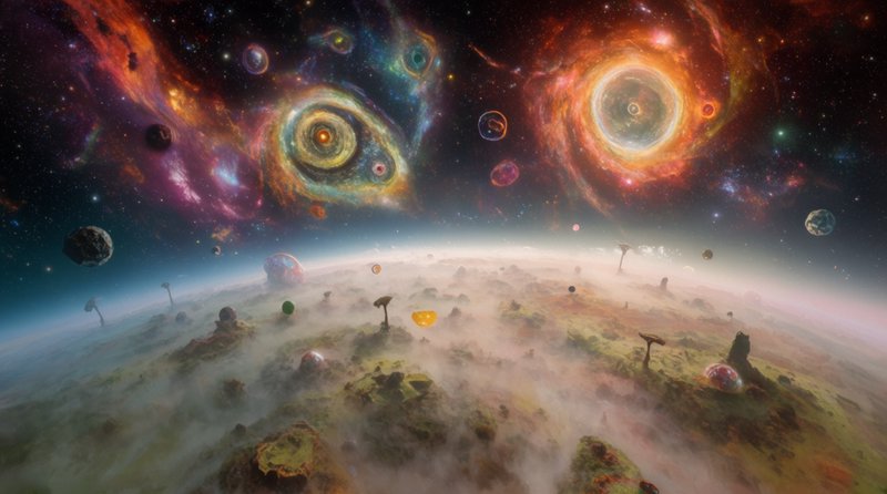 breathtaking view of strange astrological anomalies and objects visible above the horizon on an alien world, this alien world has a truly strange environment, highly detailed, realism, vibrant colors, strong hues, tremendous contrast between the astrological sights and the alien planet, primordial, epic,