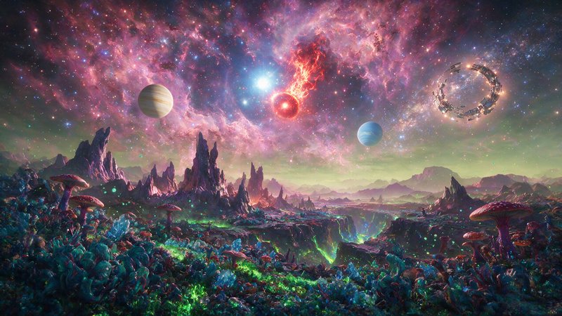 Surreal alien exoplanet landscape with glowing giant mushrooms, jagged peaks, and a vibrant nebul...