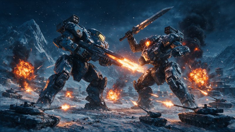 Two massive combat mechs battle amid explosions and firing tanks on a snowy arctic mountain battl...
