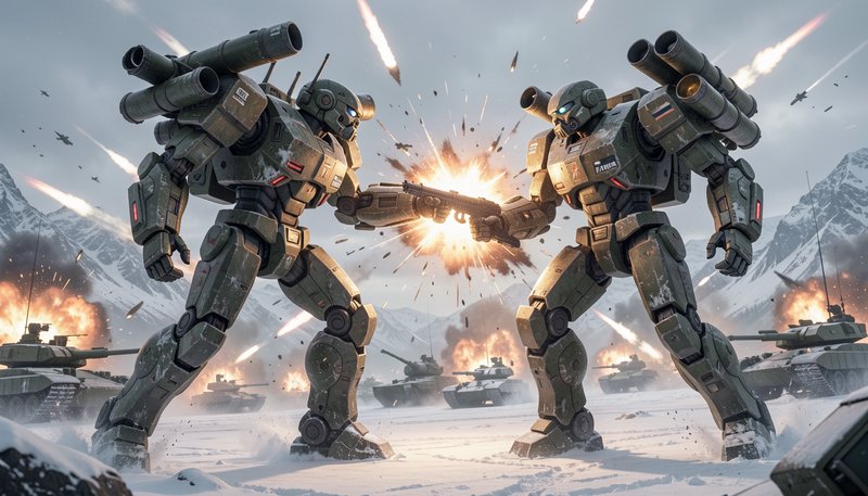 Two olive-green combat mechs clash mid-fight on a snowy arctic battlefield amid active tank warfa...