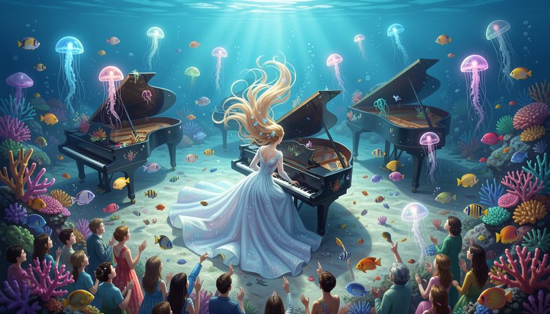 Fantasy underwater concert: blonde woman in flowing blue gown plays grand piano for an audience, ...