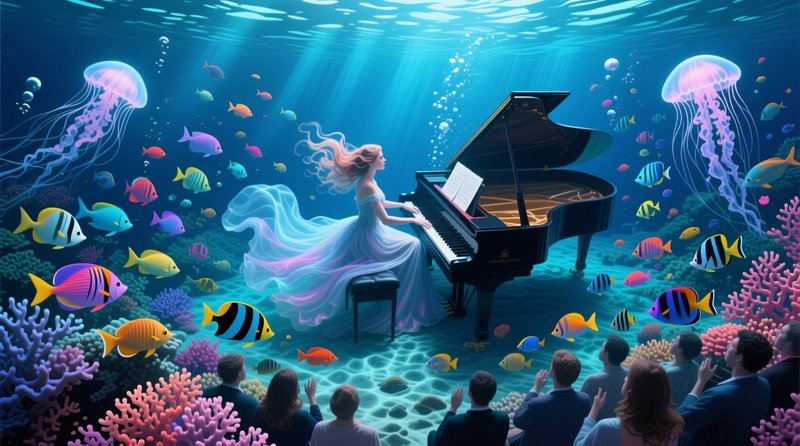 Surreal underwater fantasy: woman in flowing gown plays grand piano for an audience surrounded by...