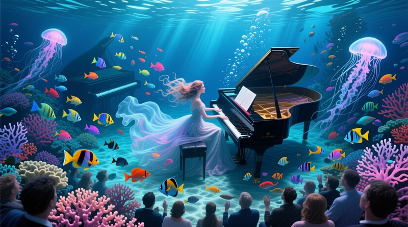 Surreal underwater scene: woman in flowing gown plays grand piano for audience surrounded by trop...