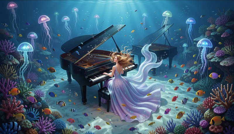 Fantasy illustration of a woman in a flowing gown playing grand piano in a glowing underwater ree...