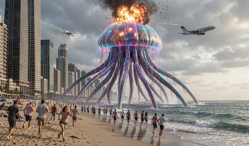 Giant iridescent alien jellyfish attacks a coastal city beach, panicked crowds flee, an explosion...