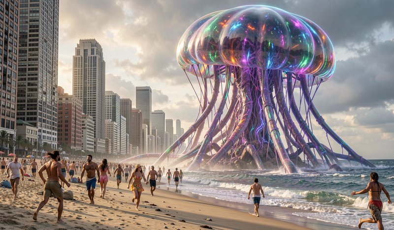Giant glowing iridescent alien jellyfish emerges from the ocean as panicked beachgoers flee a dow...