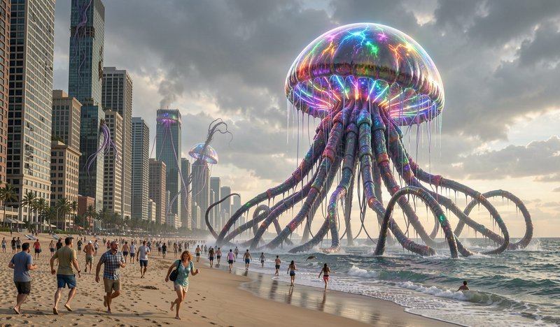 Giant glowing iridescent alien jellyfish emerge from the ocean as panicked beachgoers flee a down...