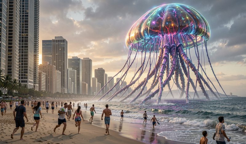 Giant glowing iridescent jellyfish sea creature towers over a crowded coastal beach as beachgoers flee at golden sunset.