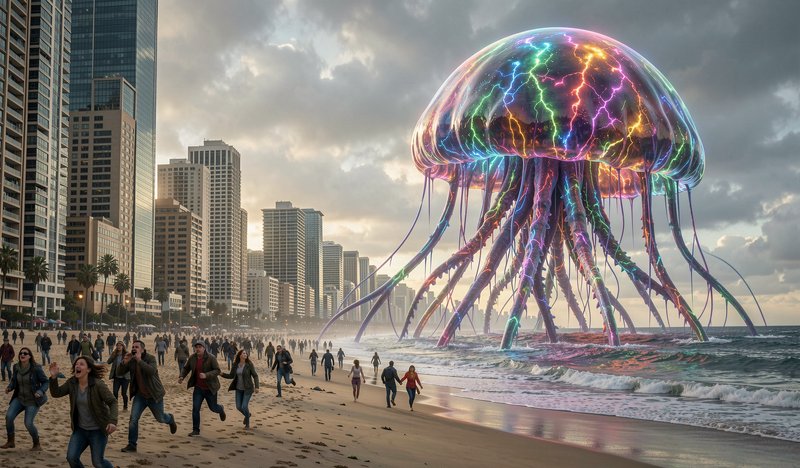 Giant glowing rainbow jellyfish sea monster emerges from coastal ocean as panicked crowds flee a ...