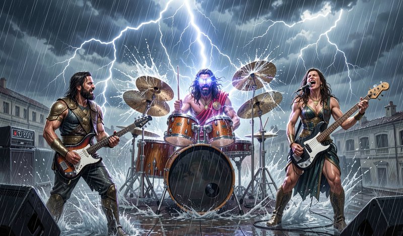 [Mythological Greek god rock band performs in a thunderstorm, Zeus plays drums under lightning as rain splashes across the...