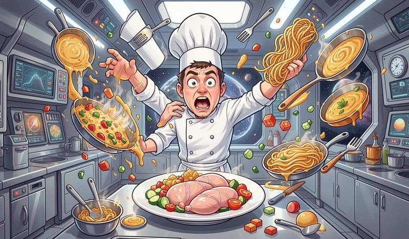 Panicked cartoon chef juggles floating cookware and food in a chaotic zero-gravity spaceship galley